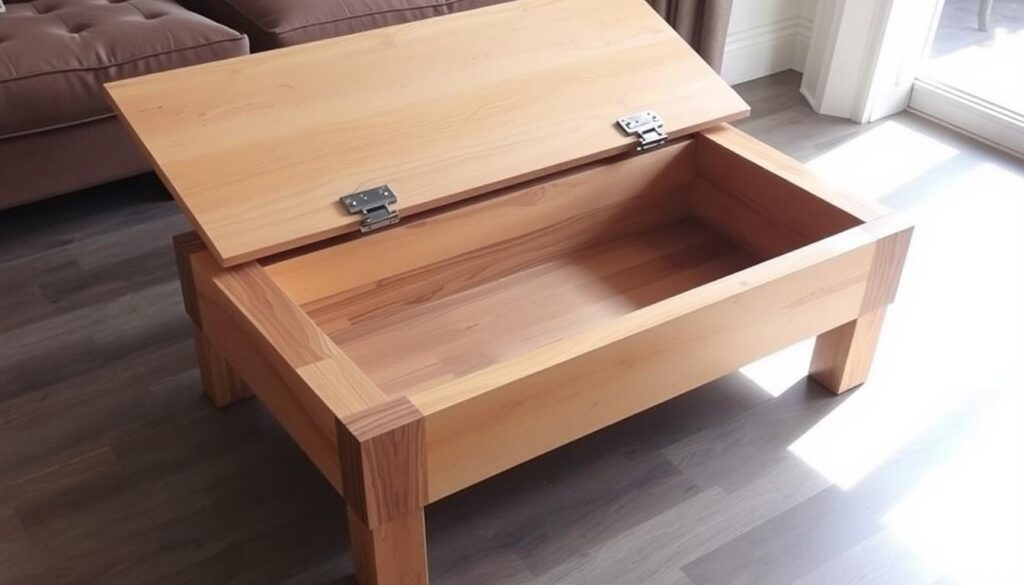 A sturdy, well-crafted hinged-lid coffee table with a warm, rustic aesthetic. The table has a rectangular wooden frame with a smooth, sanded surface, resting on four sturdy legs. The centerpiece is the large, rectangular tabletop, with a hinged lid that opens to reveal a spacious storage compartment beneath. The hinges are high-quality torsion hinges that keep the lid securely open, allowing easy access to the storage space. Soft, natural lighting illuminates the scene, casting gentle shadows and highlighting the wood grain and textures. The overall atmosphere is one of functional elegance and practicality, perfectly suited for a cozy living room or den.
