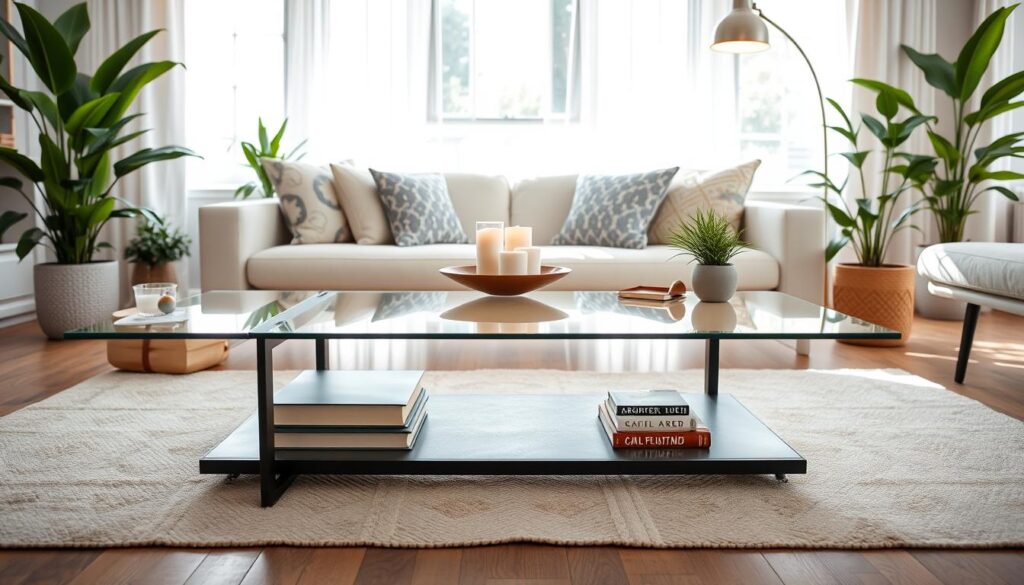 A stylish, refurbished glass coffee table in a bright and airy living room. The table has a smooth, reflective surface that casts a warm glow under soft, diffused lighting. The frame is made of sleek, modern metal in a matte black finish, complementing the transparent glass top. Lush, verdant potted plants and carefully curated decor elements, such as books and candles, surround the table, creating a cohesive, inviting atmosphere. The scene conveys a sense of casual elegance, where the revitalized table serves as the centerpiece, enhancing the room's overall aesthetic. A stylish, refurbished glass coffee table in a bright and airy living room. The table has a smooth, reflective surface that casts a warm glow under soft, diffused lighting. The frame is made of sleek, modern metal in a matte black finish, complementing the transparent glass top. Lush, verdant potted plants and carefully curated decor elements, such as books and candles, surround the table, creating a cohesive, inviting atmosphere. The scene conveys a sense of casual elegance, where the revitalized table serves as the centerpiece, enhancing the room's overall aesthetic.