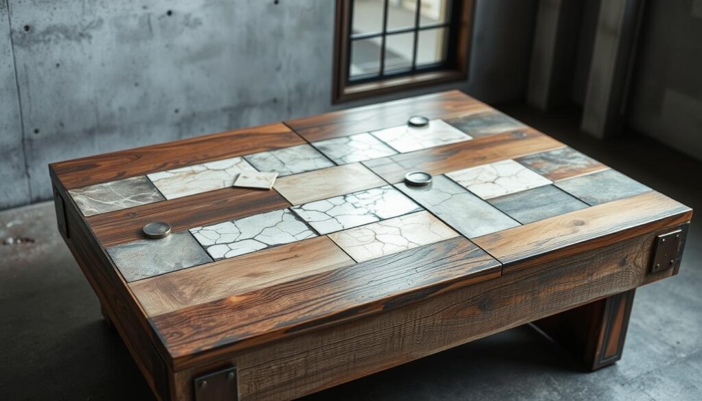 A stylishly distressed coffee table with a visually striking, multi-textured surface. The tabletop features a combination of weathered wood, artfully cracked ceramic tiles, and burnished metal accents, creating an eclectic, handcrafted aesthetic. Soft, diffused lighting casts gentle shadows, highlighting the unique patterns and imperfections. The table is set against a minimalist, industrial-inspired backdrop with concrete walls and a steel-framed window, complementing the table's rustic-modern design. The overall atmosphere evokes a sense of understated elegance and DIY ingenuity.
