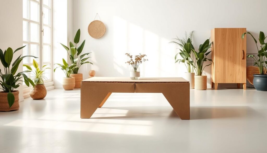 A sustainable design project inspiration, with a cardboard coffee table as the central focus. The table is showcased in a well-lit, airy studio space, surrounded by natural elements like potted plants, wooden accents, and a neutral color palette. The lighting is soft and diffused, creating a warm, inviting atmosphere. The camera angle is slightly elevated, providing a clear view of the table's design details and its harmonious integration with the eco-friendly decor. The overall mood is one of simplicity, functionality, and environmental consciousness, capturing the essence of the "Eco-Friendly DIY Coffee Table Ideas Using Cardboard" project.