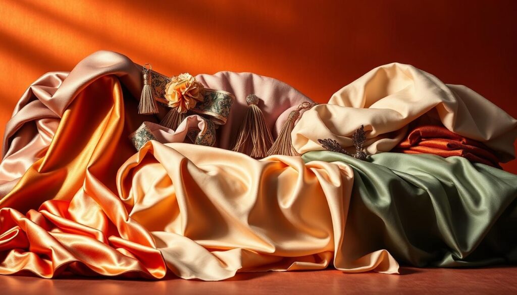 A vibrant still-life arrangement showcasing an assortment of elegant fabric samples. In the foreground, a variety of luxurious textiles - from shimmering satin to soft velvet, crisp linen to flowing chiffon - are meticulously draped and arranged to highlight their unique textures and patterns. The middle ground features carefully selected accent pieces, such as decorative trims, tassels, and ribbons, complementing the fabrics' visual appeal. The background sets a mood of refined sophistication, with warm, directional lighting casting subtle shadows and adding depth to the scene. The overall composition conveys a sense of artful design and creative inspiration, reflecting the section's focus on choosing the perfect fabric finish for a DIY cocktail table cover project.