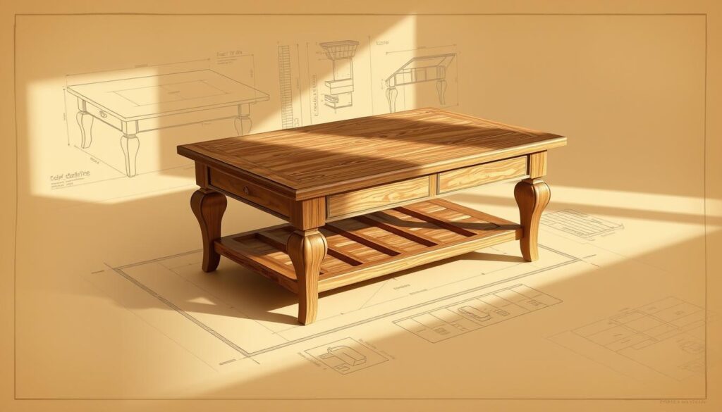 A vintage-inspired coffee table design, rendered in warm, muted tones. Detailed blueprint-style plans showcase the table's classic yet functional silhouette, with a central wooden top, elegantly tapered legs, and a lower shelf for storage. Soft natural lighting casts gentle shadows, highlighting the intricate wood grain textures and distressed finishes. The overall impression is one of timeless elegance, blending modern sensibilities with antique charm to complement a cozy, lived-in living space.