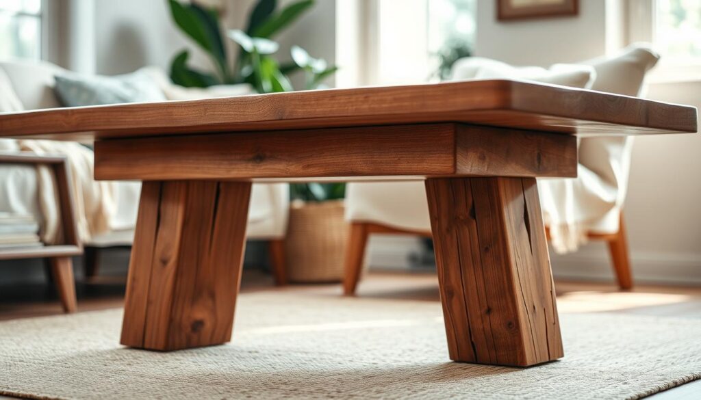 A warm, rustic wooden coffee table with natural-looking legs in the foreground, captured in soft, diffused lighting. The table is placed in a cozy, well-lit interior space, perhaps a living room or a sun-filled nook, with hints of other natural elements like greenery or textiles in the background. The legs are crafted from solid, weathered wood with visible grains and a slightly distressed finish, adding character and charm to the piece. The overall scene conveys a sense of comfort, coziness, and a celebration of natural materials.