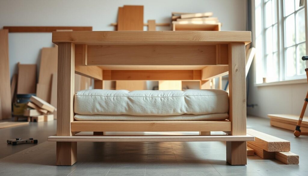 A well-crafted DIY ottoman base in a bright, airy workshop. Detailed view of the sturdy wooden frame, with precision-cut joints and reinforced corners. Layers of high-density foam and plush upholstery fabric take shape, creating a solid, comfortable foundation. Soft natural lighting casts warm shadows, highlighting the intricate construction process. Carefully positioned camera angle showcases the step-by-step assembly, guiding the viewer through the satisfying build. Clean, uncluttered setting allows the ottoman's structural elements to take center stage, inspiring DIY confidence and a desire to create one's own custom coffee table piece.