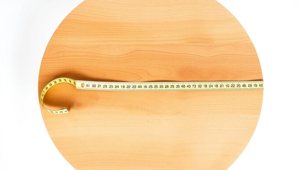 A well-crafted image of a wooden tabletop, with a tape measure prominently displayed across the surface. The tabletop is positioned on a clean, white background, bathed in soft, diffused lighting that accentuates the natural wood grain. The tape measure is unrolled, showcasing its markings and highlights the act of precisely measuring the diameter of the table. The composition draws the viewer's attention to the measurement process, conveying a sense of attention to detail and preparation, in line with the section title "Measure Once, Cut Once: Accurate Tabletop, Height, and Drop".