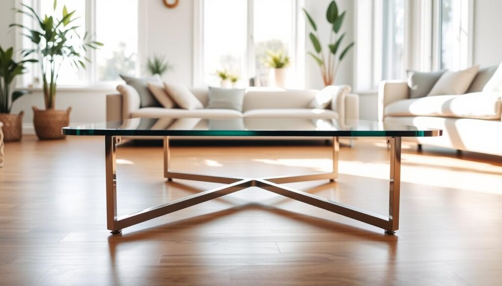 A well-crafted, modern glass coffee table in a bright, airy living room. Thick, tempered glass top with rounded edges, resting on sleek, minimalist metal legs. Warm, natural lighting filters through the transparent surface, casting soft shadows on the polished wooden floor. The table is the focal point, surrounded by plush, neutral-toned furniture. Potted plants and a few carefully curated decorative pieces add touches of greenery and personality. The overall scene exudes a sense of relaxation and sophisticated style, perfectly capturing the "DIY Glass Coffee Table Makeover: Refresh Old Glass With Style" theme. A well-crafted, modern glass coffee table in a bright, airy living room. Thick, tempered glass top with rounded edges, resting on sleek, minimalist metal legs. Warm, natural lighting filters through the transparent surface, casting soft shadows on the polished wooden floor. The table is the focal point, surrounded by plush, neutral-toned furniture. Potted plants and a few carefully curated decorative pieces add touches of greenery and personality. The overall scene exudes a sense of relaxation and sophisticated style, perfectly capturing the "DIY Glass Coffee Table Makeover: Refresh Old Glass With Style" theme.