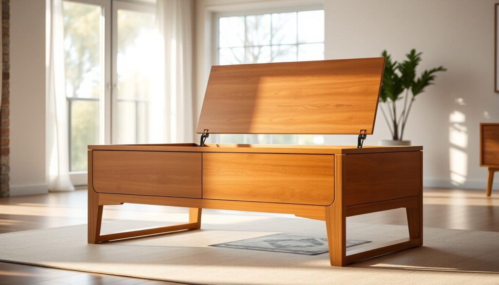 A well-crafted, modern lift-top coffee table standing in a sun-drenched living room, its sleek wooden frame accented by clean lines and a smooth, matte finish. The tabletop elegantly lifts to reveal hidden storage compartments, hinting at the functional versatility within. Indirect lighting casts a warm, inviting glow, while large windows allow natural light to flood the space, creating a serene and harmonious atmosphere. The table is positioned against a minimalist backdrop, allowing its design to take center stage and showcase the thoughtful planning behind this multifunctional piece of furniture.