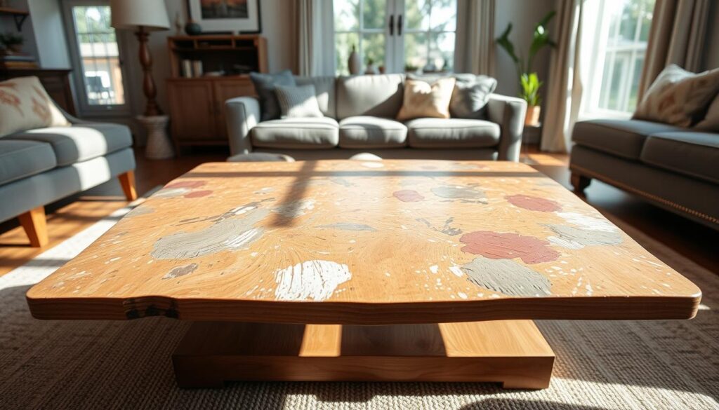 A well-crafted, paint-speckled coffee table with a smooth, glossy finish stands prominently in the center of a cozy, sun-lit living room. The tabletop features an artful blend of vibrant, textured brush strokes in muted earthy tones, creating a unique, one-of-a-kind pattern. Delicate highlights from the natural lighting emphasize the table's refined, elegant silhouette, while subtle shadows accentuate its refined, carefully sanded edges. The table's sturdy, refined wooden base complements the tabletop's artistic flair, blending seamlessly into the warm, inviting atmosphere of the room.