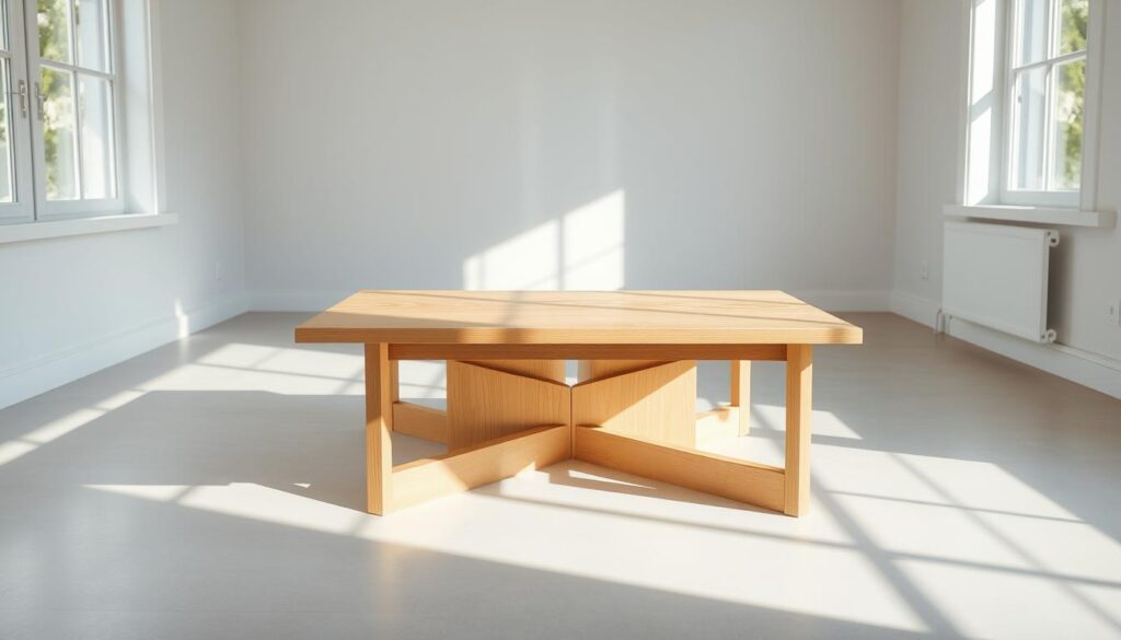 A well-crafted plywood coffee table stands in a bright, airy room, its minimalist design complementing the natural light streaming through large windows. The tabletop, constructed from smooth, honey-toned plywood, rests atop a simple, geometric base, its clean lines and subtle textures creating a visually striking yet functional piece. Soft shadows cast by the table's edges and the subtle grain of the wood lend depth and dimension, while the overall composition exudes a sense of modern, Scandinavian-inspired simplicity. The image is captured using a wide-angle lens, allowing the table to be showcased in its full context, highlighting how it seamlessly integrates with the room's decor and ambiance.