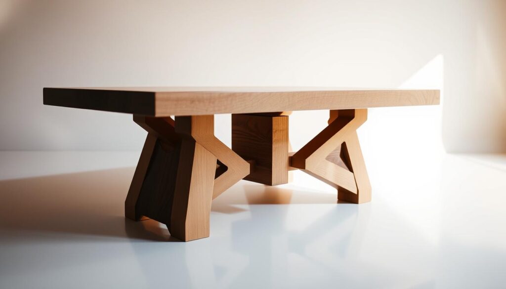A well-crafted, sturdy coffee table base made from various materials, showcased in a bright, airy studio setting. Prominent, geometric wooden legs with intricate joinery and smooth, natural textures take center stage, casting long shadows across a polished, reflective surface. Warm, diffused lighting accentuates the depth and character of the design, creating a harmonious, inviting atmosphere that inspires creativity and functionality. The composition emphasizes the foundation's strength and versatility, hinting at the endless possibilities for customizing a unique, personalized coffee table.