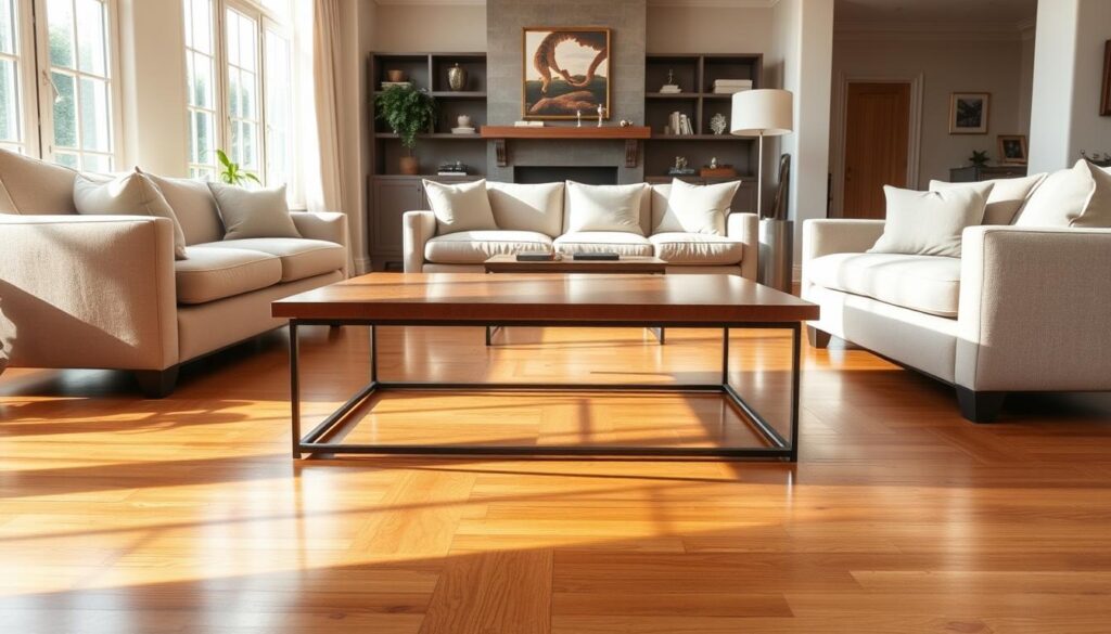 A well-designed coffee table set on a hardwood floor, bathed in warm, natural light from large windows. The table features a sturdy, minimalist metal frame with a smooth, polished wood top that reflects the surrounding decor. Placed in the center of a spacious, airy living room, the table is complemented by plush, neutral-toned sofas and armchairs. The overall atmosphere is one of sophistication and balance, perfectly suited for planning a cohesive double-table layout that enhances the room's functionality and aesthetic appeal.