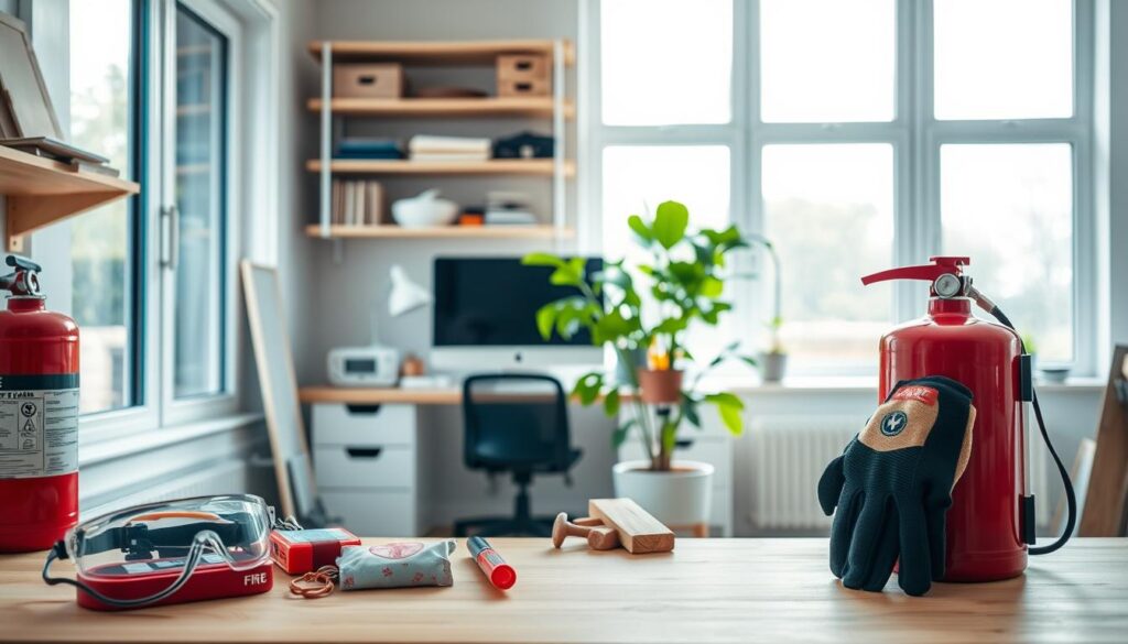 A well-lit, airy home workspace with a clean, organized desk and shelves. In the foreground, various safety tools and equipment are neatly arranged, including a pair of safety goggles, a first-aid kit, a fire extinguisher, and a sturdy pair of work gloves. The mid-ground features a desktop computer, a lamp, and a potted plant, creating a balanced and productive atmosphere. The background showcases large windows, allowing natural light to flood the space and providing a sense of openness and tranquility. The overall scene conveys a professional, safety-conscious workspace that is ready for a carpentry project.
