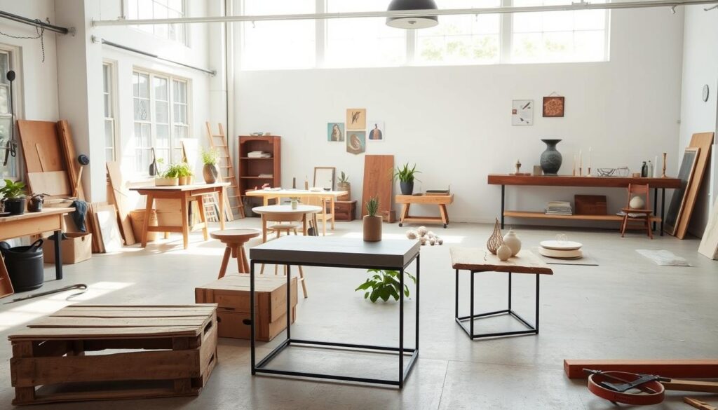A well-lit, airy studio space with natural light streaming in through large windows. In the foreground, a collection of various DIY side table projects - a rustic wooden crate turned into a side table, a sleek concrete slab atop an iron frame, a minimalist floating shelf made from reclaimed wood. In the middle ground, an assortment of tools, materials, and decor elements like plants, candles, and small accessories. The background features a clean, white wall with a few inspirational wall hangings, hinting at the creative possibilities of these DIY side table projects. The overall atmosphere is one of modern, stylish simplicity, showcasing the versatility and charm of handmade furniture.