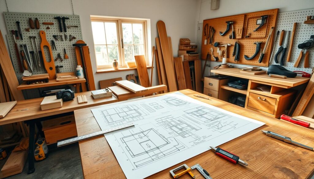 A well-lit, airy workshop filled with neatly arranged tools and measuring instruments. On a sturdy workbench, various furniture design sketches and blueprints are carefully laid out, surrounded by a ruler, a square, a set of calipers, and other essential planning tools. A pegboard on the wall displays a collection of woodworking accessories, while a large window allows natural light to illuminate the scene, creating a sense of focus and attention to detail. The overall atmosphere conveys a thoughtful, organized approach to the planning and measuring stage of furniture design. A well-lit, airy workshop filled with neatly arranged tools and measuring instruments. On a sturdy workbench, various furniture design sketches and blueprints are carefully laid out, surrounded by a ruler, a square, a set of calipers, and other essential planning tools. A pegboard on the wall displays a collection of woodworking accessories, while a large window allows natural light to illuminate the scene, creating a sense of focus and attention to detail. The overall atmosphere conveys a thoughtful, organized approach to the planning and measuring stage of furniture design.