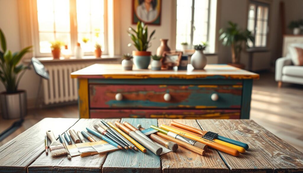 A well-lit, artistically styled side table with a weathered wooden surface and a variety of vibrant, textured finishes. In the foreground, an assortment of paint brushes, sample paints, and other DIY tools are arranged on the tabletop, hinting at the creative process of customization. The middle ground features the table itself, with a distressed, multi-toned wood grain and a selection of decorative items like a potted plant and a small vase. The background showcases a warm, inviting interior space with natural light filtering through large windows, casting a soft glow over the scene. The overall composition suggests the joy and satisfaction of personalizing a simple piece of furniture through the thoughtful use of color, texture, and DIY techniques.
