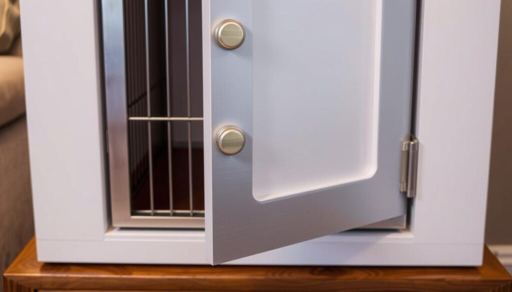 A well-lit, close-up view of a dog crate door with a modern, minimalist design. The door is made of sturdy metal with a sleek, brushed silver finish. It features a simple latch mechanism that allows for easy opening and closing. The crate is placed on a wooden surface, possibly a DIY side table, creating a harmonious, functional integration of the pet furniture. The lighting is warm and diffused, creating a cozy, inviting atmosphere. The angle and perspective showcase the installation process, highlighting the seamless integration of the crate door within the larger DIY furniture piece.