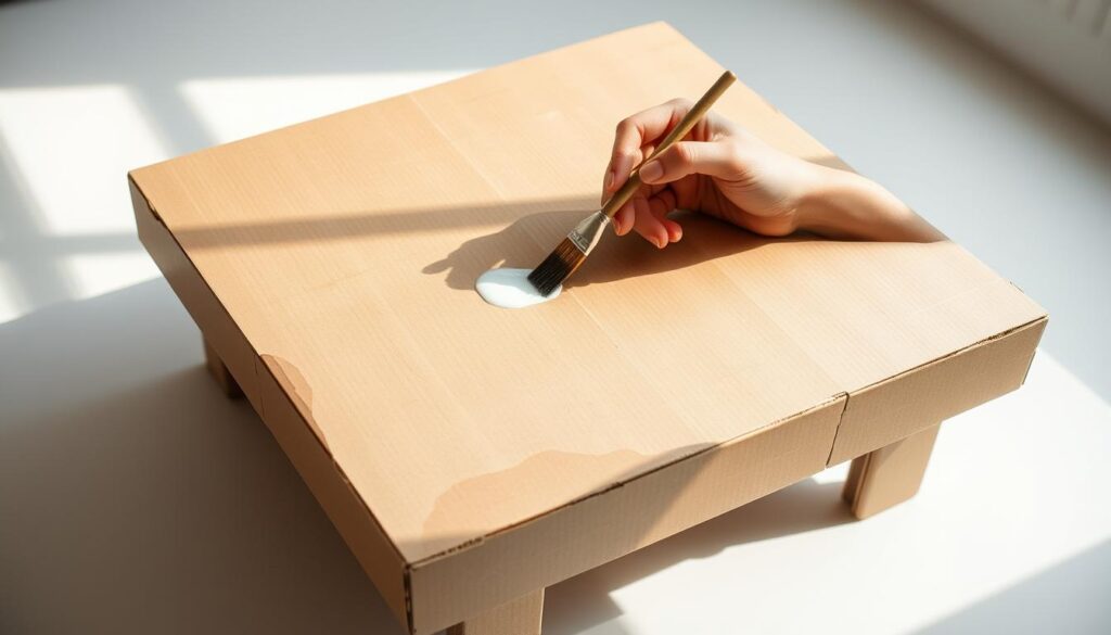 A well-lit, close-up view of a person's hands carefully applying finishing touches to a cardboard coffee table. The table is placed on a clean, minimalist surface, with natural lighting illuminating the textures and details. The person is using a paintbrush to apply a final layer of protective sealant or varnish, their movements precise and delicate. The atmosphere is one of focused craftsmanship, highlighting the DIY nature of the project. The composition emphasizes the hands and the table, creating a sense of intimacy and attention to the finishing process. The overall image conveys the satisfying completion of an eco-friendly, homemade furniture piece.