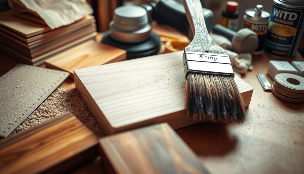 A well-lit, detailed close-up of various wood finishing techniques, including sanding, staining, varnishing, and polishing. The foreground showcases different sandpaper grits, wood stains in various shades, and a brush applying a glossy varnish. The middle ground features a piece of wood being sanded with an orbital sander, while the background displays an array of finishing tools like steel wool, rags, and a can of wood polish. The lighting is soft and diffused, creating a warm, inviting atmosphere that highlights the textural nuances of the wood. The composition emphasizes the process and craftsmanship of wood finishing, reflecting the DIY spirit of the project. A well-lit, detailed close-up of various wood finishing techniques, including sanding, staining, varnishing, and polishing. The foreground showcases different sandpaper grits, wood stains in various shades, and a brush applying a glossy varnish. The middle ground features a piece of wood being sanded with an orbital sander, while the background displays an array of finishing tools like steel wool, rags, and a can of wood polish. The lighting is soft and diffused, creating a warm, inviting atmosphere that highlights the textural nuances of the wood. The composition emphasizes the process and craftsmanship of wood finishing, reflecting the DIY spirit of the project.
