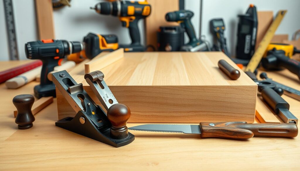 A well-lit, detailed still-life composition of essential woodworking tools for crafting a modern square coffee table. The foreground features a selection of high-quality hand tools - a precision square, a sturdy block plane, a dovetail saw, and a sleek marking knife. In the middle ground, power tools like a compact cordless drill, a orbital sander, and a jigsaw are neatly arranged. The background showcases a few measuring instruments like a ruler, a protractor, and a digital caliper. The overall scene conveys a sense of craftsmanship, functionality, and attention to detail - ideal for a DIY coffee table project.