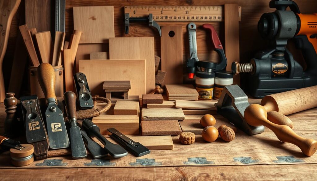 A well-lit, detailed still life composition showcasing an array of classic woodworking tools and materials on a rustic wooden surface. In the foreground, a collection of hand tools including chisels, planes, and a mallet. In the middle ground, a variety of wood samples, sandpaper, and stains. In the background, a clamp, ruler, and a power saw. The lighting is warm and directional, casting soft shadows and highlighting the textures of the wood and metal. The overall mood is one of craftsmanship, preparation, and the promise of a DIY project.