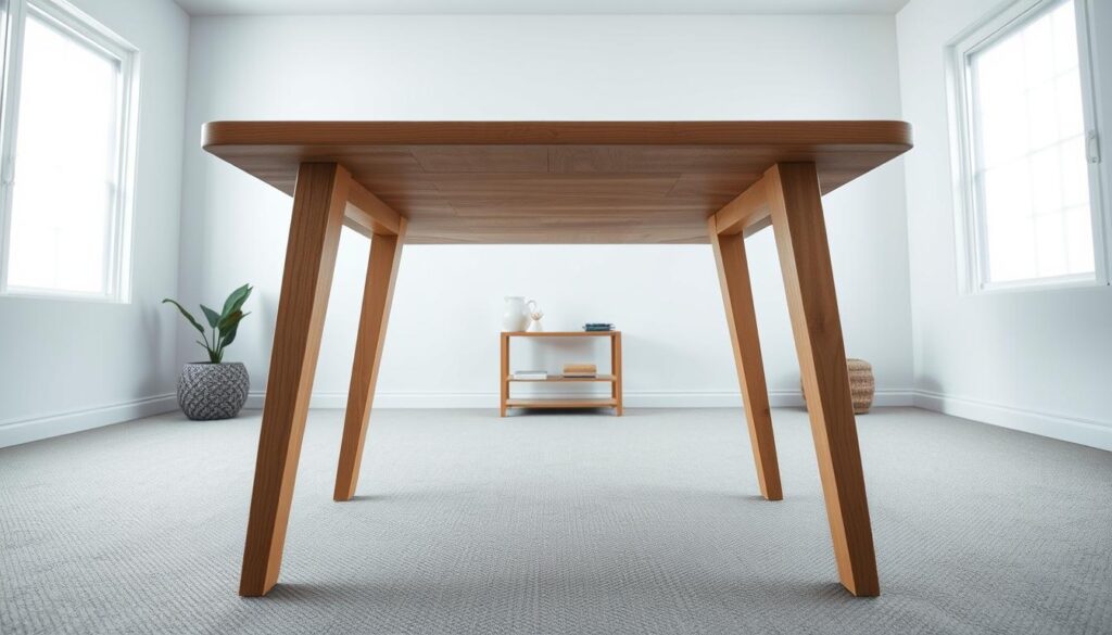 A well-lit, high-angle photograph of a wooden table, focusing on the legs. The table is positioned in a bright, airy room with minimal decor. The legs are the central focus, showcasing their height and proportions. The lighting accentuates the natural wood grain and casts subtle shadows, creating depth and dimension. The camera is positioned slightly above the table, emphasizing the length of the legs and the overall table silhouette. The resulting image should convey a sense of simplicity, functionality, and the potential to easily adjust the table's height through various DIY solutions.