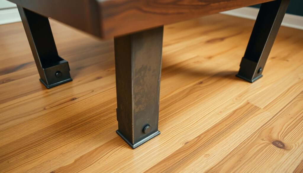 A well-lit, high-angle photograph of an industrial-style coffee table project, showcasing the detailed construction of its metal legs. The table sits on a smooth, hardwood surface, with the metal legs anchored securely to the base. The lighting creates a warm, inviting atmosphere, highlighting the rugged, utilitarian design of the legs, which feature clean lines, bold angles, and a distressed, hammered finish. The overall composition emphasizes the table's sturdy, no-frills aesthetic, conveying a sense of simplicity and functionality that aligns with the "Industrial Style Made Simple" theme.