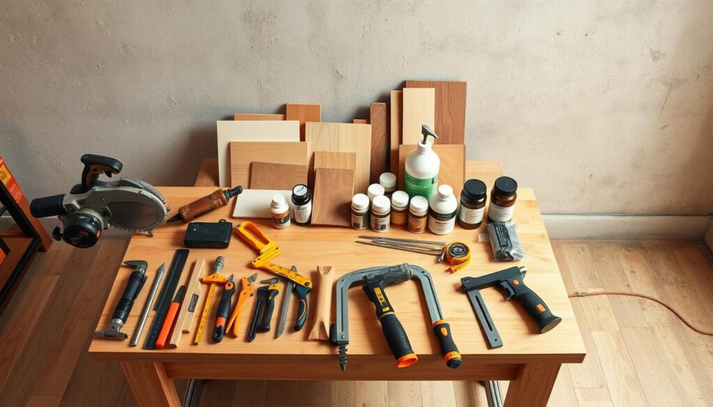 A well-lit, high-angle shot of a table workspace showcasing a collection of essential tools and materials for a DIY coffee table project. In the foreground, a sturdy work table displays a variety of woodworking tools, including a hand saw, power drill, measuring tape, and clamps. In the middle ground, various wood samples, stain, and finishing supplies are neatly arranged, suggesting the process of crafting a rustic, industrial-style coffee table. The background features a neutral, earthy-toned wall, creating a clean, minimalist backdrop that highlights the workshop tools and materials.