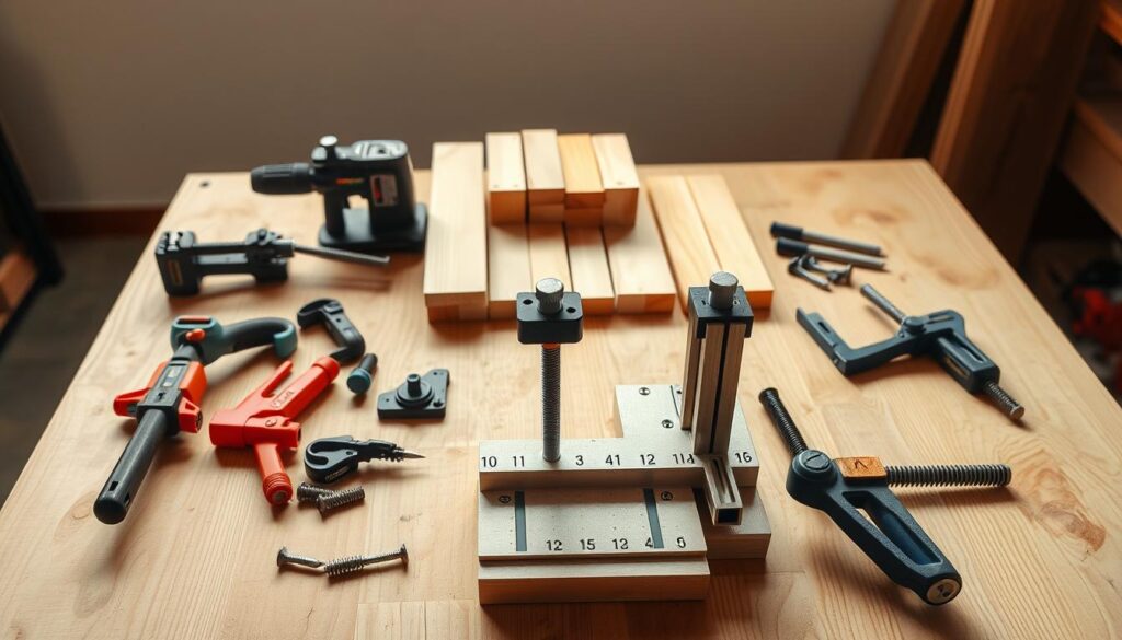 A well-lit, high-angle shot of a wooden workbench showcasing a Kreg Jig woodworking tool setup. The jig is prominently displayed in the foreground, with various clamps, screws, and drilling accessories arranged neatly around it. The middle ground features a selection of common 2x4 lumber, hinting at the project being constructed. The background softly fades into a clean, uncluttered space, allowing the tools and materials to take center stage. The lighting is warm and natural, casting subtle shadows that accentuate the textures and details of the setup. An atmosphere of precision, organization, and craftsmanship pervades the scene.