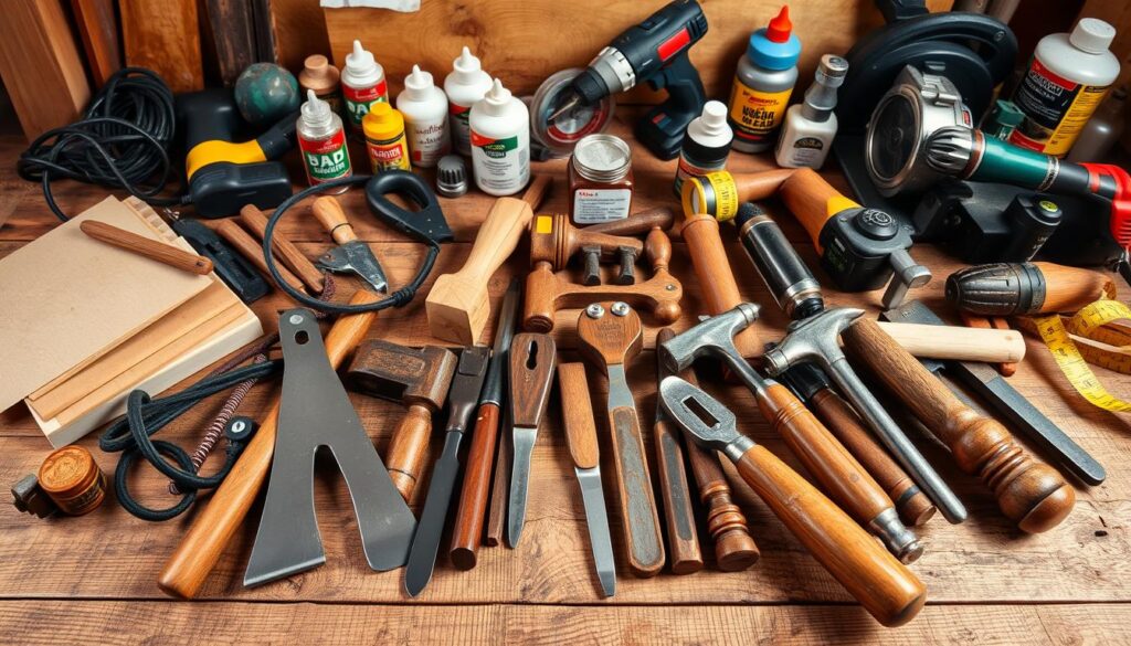 A well-lit, high-angle shot of an assortment of essential woodworking tools and materials arranged on a rustic wooden surface. In the foreground, a selection of hand tools including a saw, plane, chisel, and hammer, their surfaces gleaming. In the middle ground, various power tools like a drill, circular saw, and sander, their cords neatly coiled. The background features a variety of woodworking supplies, such as sandpaper, wood glue, wood stain, and a tape measure. The overall scene conveys a sense of organized preparation, with the tools and materials ready for a woodworking project.