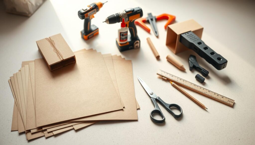 A well-lit, high-angle studio shot of an arrangement of various materials and tools for a cardboard furniture project. In the foreground, an assortment of cardboard sheets, scissors, a utility knife, a ruler, and a pencil are neatly laid out on a clean, neutral-colored surface. In the middle ground, a cordless drill, wood glue, and clamps are visible, hinting at the construction process. The background is softly blurred, creating a sense of focus on the essential items. The lighting is natural and diffused, casting gentle shadows and highlighting the textures of the materials. The overall mood is one of organized practicality, conveying the preparedness needed for a successful DIY cardboard furniture project.