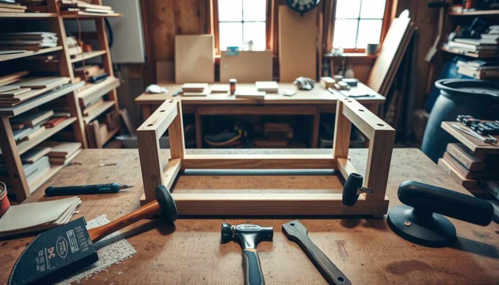 A well-lit, high-angle view of a wooden workbench, showcasing the process of preparing a coffee table base. In the foreground, an array of woodworking tools - including a saw, hammer, and sandpaper - are neatly arranged. The middle ground features a partially assembled wooden frame, its joints and connectors visible. The background depicts a cozy, rustic workshop setting, with shelves of materials and a window allowing natural light to filter in, casting a warm glow over the scene. The overall mood is one of focused craftsmanship and DIY creativity, reflecting the subject of the article.