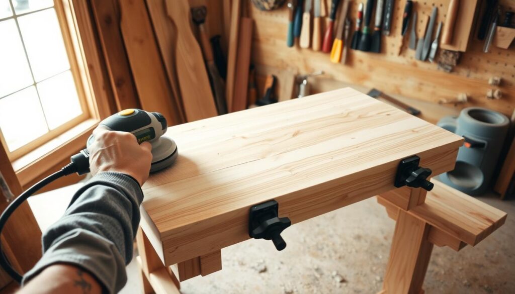 A well-lit, high-angle view of a woodworking workshop, showcasing the process of sanding a coffee table. In the foreground, a hand-held orbital sander is carefully smoothing the surface of a solid wood tabletop, revealing the natural grain. In the middle ground, clamps hold the table securely in place on a sturdy workbench, while a variety of woodworking tools, such as chisels and files, are neatly organized nearby. The background features a wall-mounted pegboard with additional tools and a window allowing natural light to flood the space, creating a warm, inviting atmosphere for the DIY coffee table project.