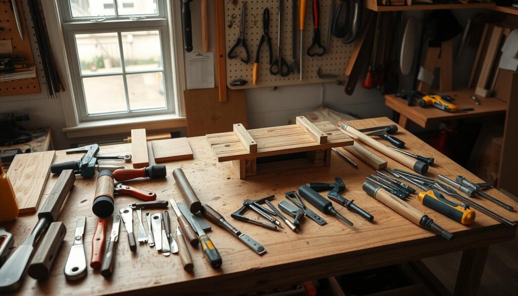 A well-lit, high-angle view of a workbench covered in various DIY tools and materials for building a coffee table base. In the foreground, an array of woodworking tools like chisels, hand saws, and clamps. In the middle ground, a jig or fixture used for precision cutting and assembly, with pieces of hardwood lumber arranged around it. The background features a pegboard with additional tools hanging, and a window letting in natural light. The overall atmosphere conveys a sense of preparation, organization, and a methodical approach to the project at hand.