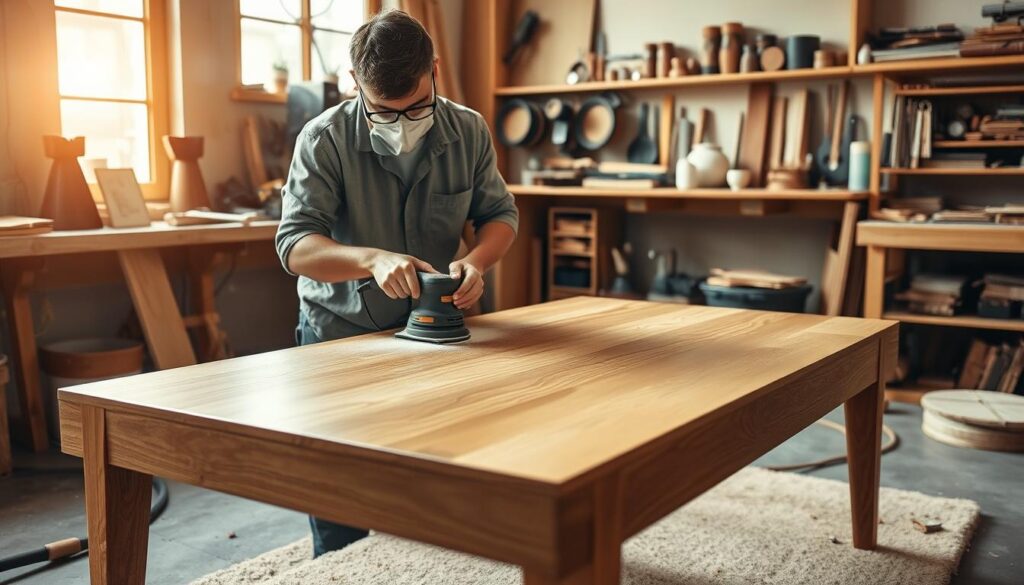 A well-lit, high-resolution image of a person sanding a wooden coffee table with a palm sander in a warm, natural-lit workshop. The table is a mid-century modern design with clean lines and a smooth, flawless surface. The person is wearing safety goggles and a dust mask, focused intently on removing the final imperfections. In the background, a variety of woodworking tools and supplies are neatly organized on shelves, creating a sense of a professional, yet inviting workspace. The overall atmosphere conveys the satisfying process of transforming a raw material into a refined, functional piece of furniture through careful craftsmanship.