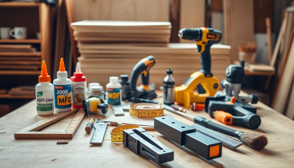 A well-lit, high-resolution image of a workbench surface displaying an assortment of essential materials and tools for building a DIY MDF coffee table. In the foreground, arrange a ruler, measuring tape, wood glue, sandpaper, wood clamps, and a saw. In the middle ground, place a power drill, screwdriver set, and a jigsaw. In the background, have a stack of MDF boards, a wood stain, and a wood finishing brush. Use warm, natural lighting to create a cozy, inviting atmosphere suitable for a home workshop. Capture the image from a slightly elevated angle to showcase the tools and materials clearly.
