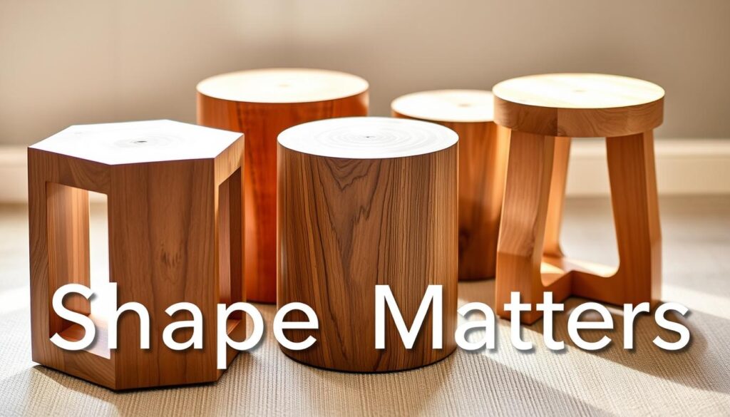 A well-lit, high-resolution photograph of a set of wooden table legs in various geometric shapes - square, round, and rectangular. The legs are arranged in a visually appealing composition, showcasing their unique profiles and textures. The lighting emphasizes the natural grain and hues of the wood, creating a warm and inviting atmosphere. The background is a neutral, slightly blurred setting, allowing the table legs to be the focal point. The image captures the essence of the "Shape Matters" section, highlighting the diverse design possibilities for coffee table legs.