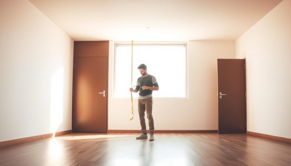 A well-lit interior space, a person standing in the center of the room, intently focused on measuring the dimensions with a measuring tape. The room has a minimalist, modern design with clean lines and neutral tones. The person is wearing casual attire, their body language conveying a sense of concentration and attention to detail. The perspective is from a slightly elevated angle, providing a clear view of the room and the person's actions. The lighting is warm and natural, creating a sense of calm and productivity. The background is uncluttered, allowing the viewer to focus on the main subject and the task at hand. A well-lit interior space, a person standing in the center of the room, intently focused on measuring the dimensions with a measuring tape. The room has a minimalist, modern design with clean lines and neutral tones. The person is wearing casual attire, their body language conveying a sense of concentration and attention to detail. The perspective is from a slightly elevated angle, providing a clear view of the room and the person's actions. The lighting is warm and natural, creating a sense of calm and productivity. The background is uncluttered, allowing the viewer to focus on the main subject and the task at hand.