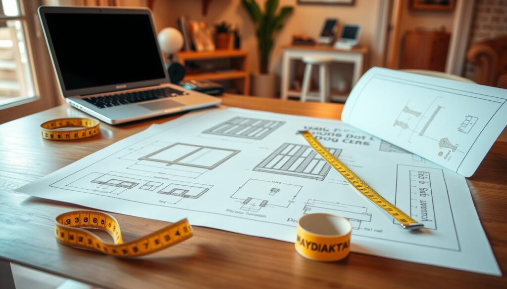 A well-lit, meticulously detailed illustration of a home office desk with a laptop, measuring tape, and a set of technical drawings depicting the dimensions and schematics for constructing a wooden dog crate. The desk is positioned in the foreground, with the plans and measuring tools arranged neatly, conveying a sense of purposeful planning and organization. The background features a warm, inviting home interior with neutral tones, suggesting a cozy, productive atmosphere suitable for a DIY project.