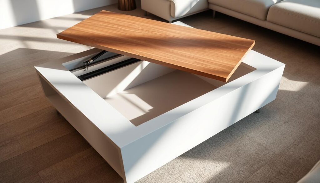 A well-lit, modern coffee table with a sleek, minimalist design. The table's surface lifts up to reveal a spacious interior storage compartment, showcasing clever hidden features that maximize functionality and organization. Subtle metallic accents complement the warm, wooden tabletop, creating a harmonious blend of materials. Soft shadows and highlights accentuate the table's refined aesthetic, inviting the viewer to imagine how this versatile piece could enhance a cozy living space. The camera angle captures the table's proportions and showcases the hidden storage compartment in a way that highlights its practical and visually appealing design.