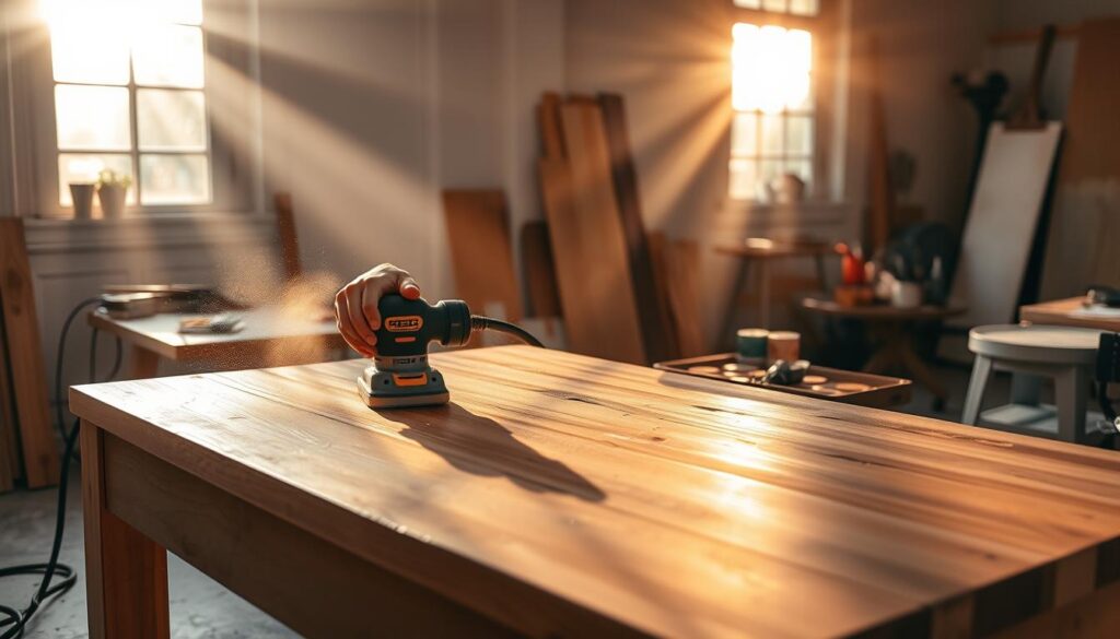 A well-lit, modern workshop setting with a sturdy wooden coffee table in the foreground. The table is being carefully sanded, the worker's hands using an electric palm sander to smooth the surface in long, even strokes. Rays of warm, natural light stream in from windows, creating a soft, diffused illumination. In the background, an array of painting supplies - brushes, paint cans, and a tray of vibrant, earthy paint colors - are neatly arranged, ready for the next stage of the DIY project. The overall mood is one of focused, methodical craftsmanship, with a sense of purpose and pride in restoring the old table to its former glory.