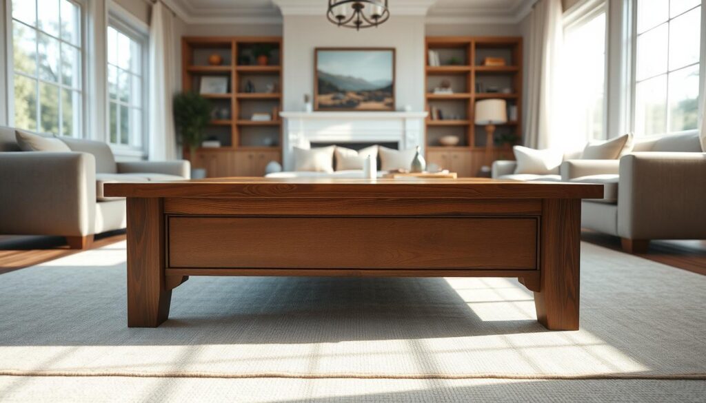 A well-lit, spacious living room with a warm and inviting atmosphere. In the center, a sturdy, wooden coffee table with a herringbone pattern top, its size and placement carefully considered to balance the room's proportions. Natural sunlight streams in, casting soft shadows and highlighting the table's elegant design. The room's furnishings, in muted tones, create a cohesive and harmonious look, allowing the table to be the focal point. The camera angle is slightly elevated, capturing the table's relationship to the surrounding space and the overall flow of the room.
