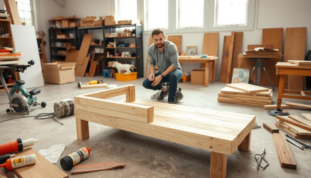 A well-lit, spacious workshop with natural light filtering in through large windows. In the foreground, a sturdy wooden coffee table in the process of being built, with various tools and materials scattered around - a saw, sandpaper, wood glue, and stained wood planks. In the middle ground, a person in casual attire, kneeling and carefully assembling the table, their expression focused and determined. The background features a clean, organized workspace with shelves of DIY supplies and equipment, creating a sense of a dedicated, hands-on crafting environment. The overall scene conveys a step-by-step tutorial on how to create a beautiful, homemade coffee table.