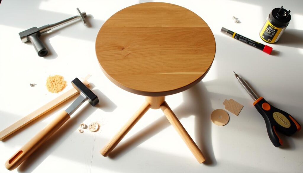 A well-lit, step-by-step DIY side table assembly process. A wooden tabletop rests on a tripod base made from three dowel rods, with tools like a hammer, screwdriver, and sandpaper scattered around. The table is assembled on a white surface, with a neutral background that allows the construction details to take center stage. Warm, natural lighting casts soft shadows, highlighting the textures of the wood and metallic hardware. The overall mood is one of straightforward, accessible DIY, encouraging the viewer to tackle this simple, budget-friendly project.