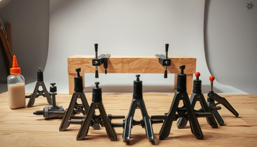 A well-lit studio setting showcasing intricate wood gluing and clamping techniques. In the foreground, a variety of clamps and glue bottles are neatly arranged, their metallic surfaces gleaming under the soft, diffused lighting. In the middle ground, a partially assembled wooden surface is being carefully clamped together, the glue oozing from the joints as the pieces are tightly secured. The background features a clean, minimalist backdrop, allowing the focus to remain on the craftsmanship and precision of the woodworking process. The overall scene conveys a sense of meticulous attention to detail and the satisfaction of a job well done.