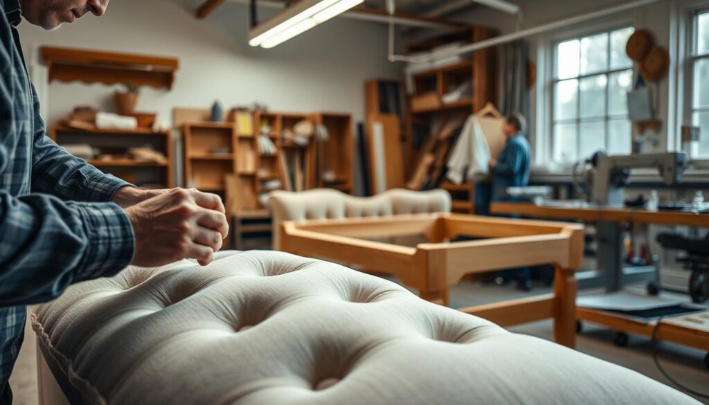 A well-lit studio space, crisp lighting from multiple angles, showcasing the intricate details of professional upholstery techniques. In the foreground, a close-up view of skilled hands meticulously pinning and tufting high-quality fabric onto a plush cushion, revealing the precision and artistry involved. In the middle ground, a partially disassembled furniture frame, its intricate joinery and sturdy construction visible, highlighting the structural integrity required for a polished upholstered finish. In the background, an array of upholstery tools, sewing machines, and carefully selected trims and hardware, conveying the depth of expertise and attention to detail needed to create a masterful, long-lasting upholstered piece.