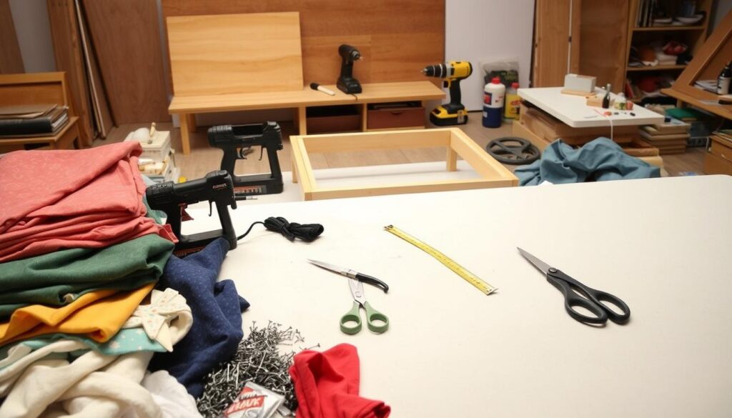 A well-lit studio workspace, showcasing an array of materials and tools for an upholstered ottoman table project. In the foreground, an assortment of fabrics, batting, and upholstery tacks are neatly arranged. In the middle ground, an electric staple gun, scissors, and a measuring tape lay alongside a wooden frame, hinting at the construction process. In the background, a power drill, wood glue, and sandpaper suggest the preparation of the table's base. The overall scene conveys a sense of organized productivity, inviting the viewer to envision themselves embarking on this DIY furniture-making endeavor.