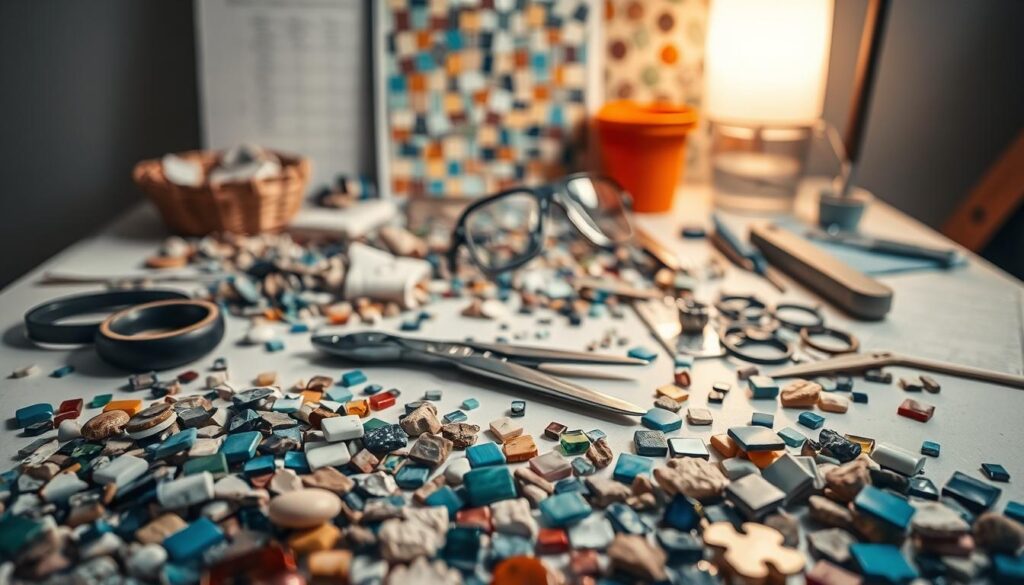 A well-lit table top filled with a variety of mosaic materials and tools, arranged in an organized and visually appealing manner. In the foreground, an assortment of colorful glass tiles, stone fragments, and ceramic pieces. In the middle ground, a set of mosaic nippers, a grout float, and a tile adhesive trowel. In the background, a mosaic template, a pair of safety goggles, and a small bucket of water. The lighting is soft and diffused, creating a warm and inviting atmosphere. The overall composition conveys a sense of creativity, attention to detail, and the essential elements needed for a successful mosaic project.