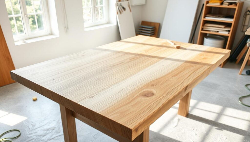 A well-lit wooden table surface, its smooth surface primed and ready for an epoxy resin project. The table is positioned in a bright, airy studio with natural lighting filtering in through large windows. The tabletop has been carefully sanded and cleaned, creating a seamless canvas. Brushes, sandpaper, and other painting tools are neatly arranged, hinting at the creative process to come. The overall atmosphere is one of focused preparation, anticipating the vibrant colors and stunning finish that will transform this surface into a beautiful work of art. A well-lit wooden table surface, its smooth surface primed and ready for an epoxy resin project. The table is positioned in a bright, airy studio with natural lighting filtering in through large windows. The tabletop has been carefully sanded and cleaned, creating a seamless canvas. Brushes, sandpaper, and other painting tools are neatly arranged, hinting at the creative process to come. The overall atmosphere is one of focused preparation, anticipating the vibrant colors and stunning finish that will transform this surface into a beautiful work of art.