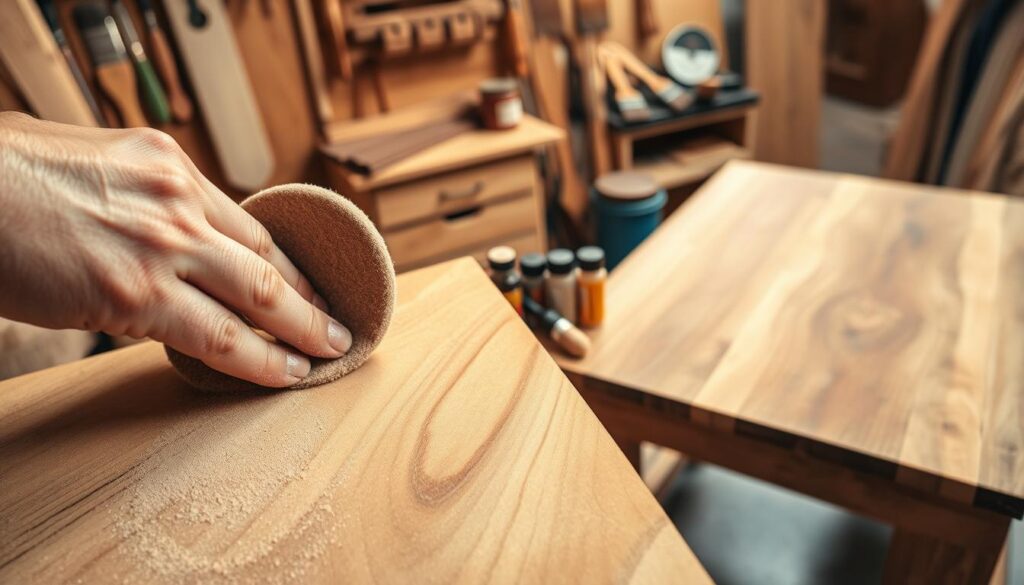 A well-lit woodworking studio with various tools and materials for wood finishing techniques. In the foreground, detailed close-up views of a hand sanding a wooden surface with fine-grit sandpaper, creating a smooth, even texture. In the middle ground, a selection of staining brushes, rags, and a variety of wood stain colors in small jars. In the background, a workbench with a partially completed side table, showcasing the process of staining and sealing the wood to achieve a rich, uniform finish. Soft, directional lighting illuminates the scene, casting warm shadows and highlighting the natural grain of the wood. The overall mood is one of focused craftsmanship, inviting the viewer to explore the satisfying process of transforming raw wood into a polished, beautiful piece of furniture. A well-lit woodworking studio with various tools and materials for wood finishing techniques. In the foreground, detailed close-up views of a hand sanding a wooden surface with fine-grit sandpaper, creating a smooth, even texture. In the middle ground, a selection of staining brushes, rags, and a variety of wood stain colors in small jars. In the background, a workbench with a partially completed side table, showcasing the process of staining and sealing the wood to achieve a rich, uniform finish. Soft, directional lighting illuminates the scene, casting warm shadows and highlighting the natural grain of the wood. The overall mood is one of focused craftsmanship, inviting the viewer to explore the satisfying process of transforming raw wood into a polished, beautiful piece of furniture.