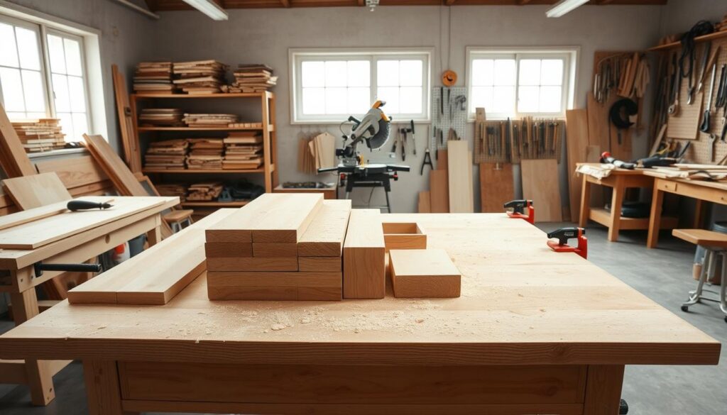A well-lit woodworking workshop, with a large workbench in the foreground. On the bench, several wooden boards in various stages of preparation - some being sanded, others clamped for cutting. Sawdust covers the surface, and a variety of hand tools are neatly organized nearby. In the middle ground, a miter saw stands ready to precisely trim the boards to size. The background features shelves stocked with lumber, a pegboard displaying an array of tools, and large windows allowing natural light to flood the space. The atmosphere is one of focused, methodical work - the calm before the creative storm of furniture assembly. A well-lit woodworking workshop, with a large workbench in the foreground. On the bench, several wooden boards in various stages of preparation - some being sanded, others clamped for cutting. Sawdust covers the surface, and a variety of hand tools are neatly organized nearby. In the middle ground, a miter saw stands ready to precisely trim the boards to size. The background features shelves stocked with lumber, a pegboard displaying an array of tools, and large windows allowing natural light to flood the space. The atmosphere is one of focused, methodical work - the calm before the creative storm of furniture assembly.